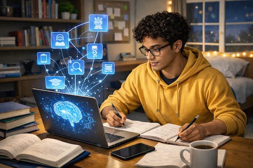 طالب يستخدم أدوات الذكاء الاصطناعي للدراسة